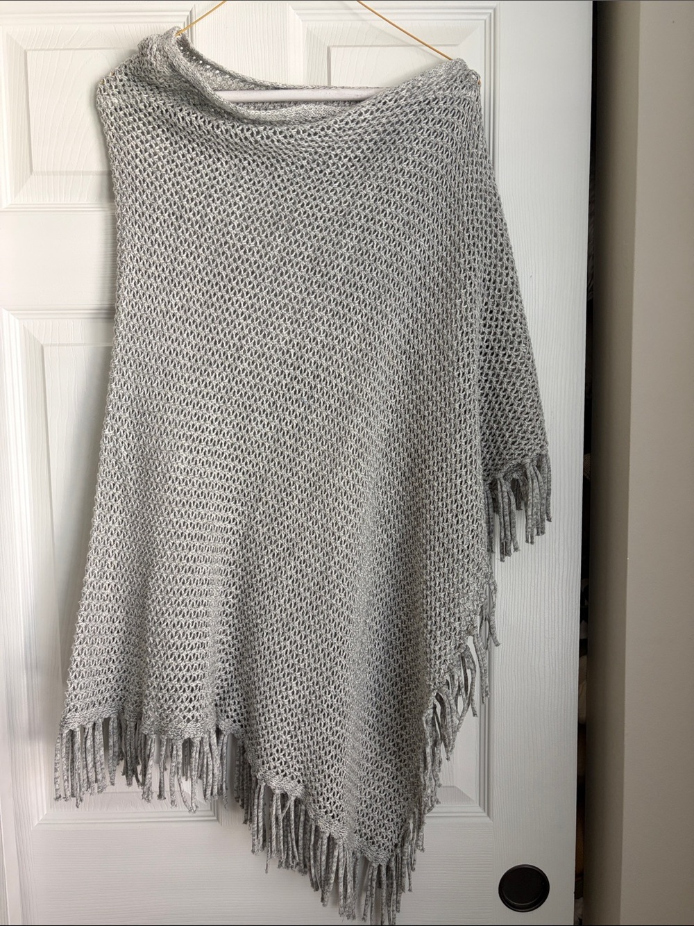 lovestitch Light Gray Open-Knit Fringe Poncho